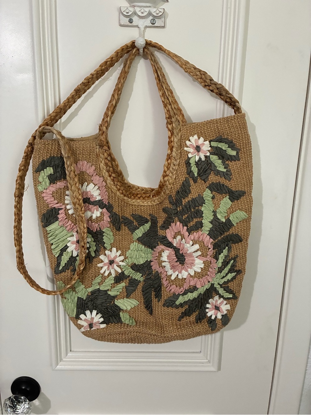 Braided Straw Tote with Pink & Green Floral Appliqué